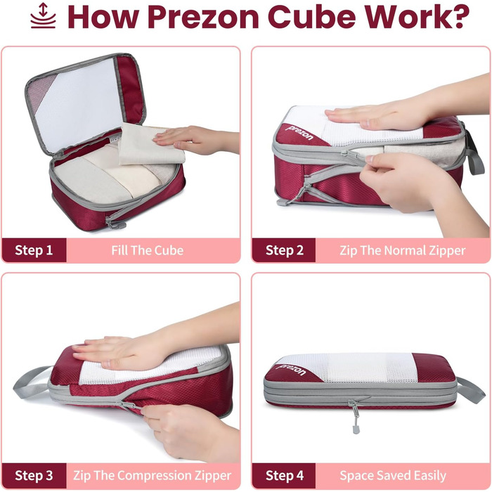Набір компресійних органайзерів для одягу в подорож, 6 шт, прозорі пакувальні куби для валізи, легкі та міцні з катіонової тканини, бордовий колір