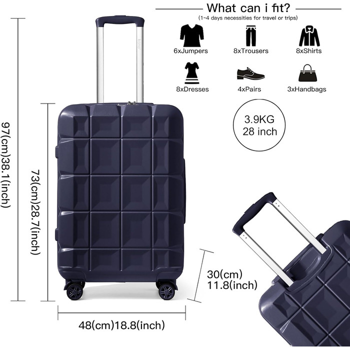 KONO Набір валіз 4 в 1: велика, середня, маленька та beauty case. Сучасний дизайн, ABS пластик, TSA замок, 4 колеса, темно-синій колір.