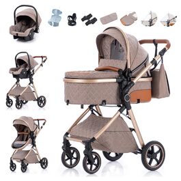 Дитяча коляска Zkipm 3 в 1, комплект з люлькою, автокріслом, складається, прогулянка, регулювання положення, великий капюшон, до 15 кг, 0-3 роки (8-V8-Кара-Коричнева)