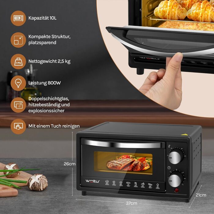 Міні-піч WOLTU 10 л, 800 Вт: піч для піци, тостів, індички, хот-догів. Чорний колір