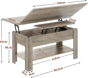 Регульований по висоті журнальний столик 3 в 1 з місцем для зберігання, можна використовувати як обідній стіл, Сірий