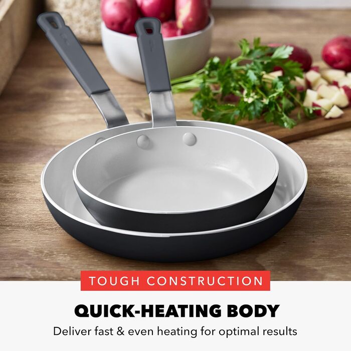 Набір сковорідок GreenPan x Bobby Flay, 20.3 см та 25.4 см, керамічне антипригарне покриття без PFAS та PFOA, індукційне, з силіконовим ручкою, придатні для миття в посудомийній машині та духовці, сірий