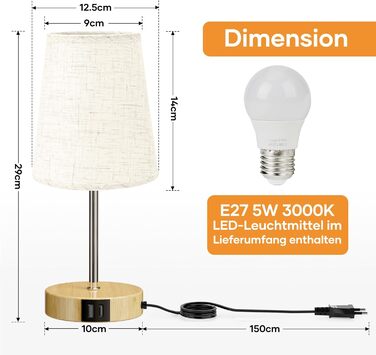 Настільна лампа Suright з торшером з льону, USB-портами A+C, регулюванням яскравості, дерев'яним цоколем, для спальні/вітальні (LED-лампочка в комплекті), бежева