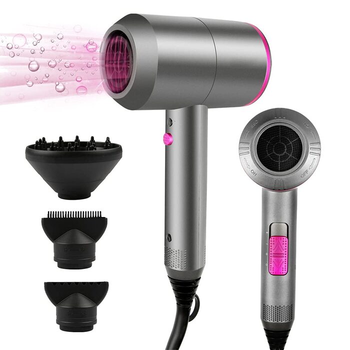 Професійний іонізуючий фен для волосся Faszin з AC-мотором, 2 швидкостями та 3 режимами температури, сірий (дифузор та 2 концентратора в комплекті)