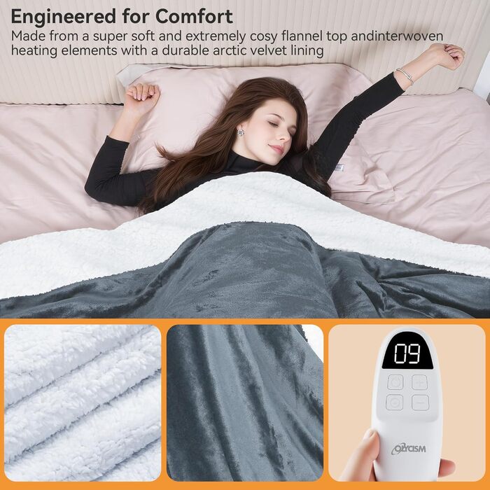Електрична гріюча ковдра 160x130 см з автовимкненням, 9 режимів нагріву та таймером. Захист від перегріву, пральна, тепла ковдра для дому та офісу сірого кольору 160x130 см