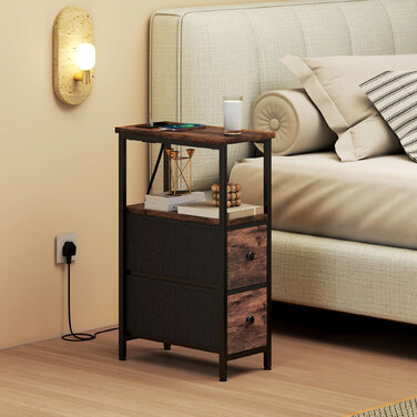 Журнальний столик-приліжний столик з підзарядною станцією, сталевий каркас, 2 висувні ящики з тканиною, відкритий відсік, розміри 20x40x63 см, колір: рустикальний коричневий.