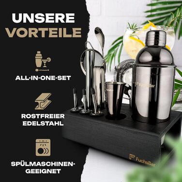 Набір для коктейлів, 8 предметів, нержавіюча сталь, з шейкером, стрейнером, ложкою, рецептами та аксесуарами – ідеальний барний набір для дому, вечірок та як подарунок