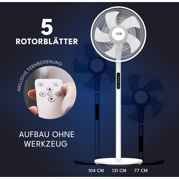Підлоговий вентилятор LEBENLANG з пультом керування, LED-дисплеєм, 5 режимів, енергозбереження, осциляція, тиха робота, таймер, 60W, чорний