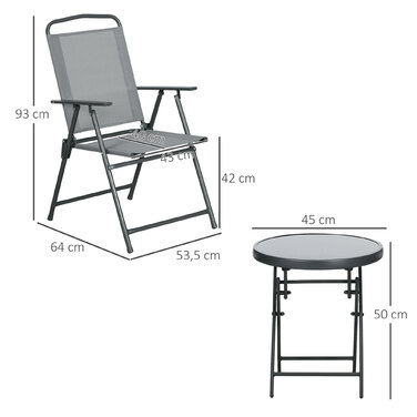 Набір бістро Outsunny Garden Furniture складаний з 1 столом і 2 стільцями, міцний зі сталі та сітки, 53,5 x 64 x 93 см, світло-сірий для балкона та тераси