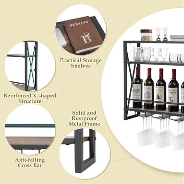 Стильна полиця для вина Komfotteu на стіну, дерев'яна з металевим каркасом, з тримачем для келихів, органайзер для пляшок, бар, кухня, вітальня (80 x 20 x 63 см)