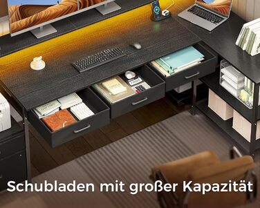 Комп'ютерний стіл Coleshome L-подібний з ящиками, 195x100 см, з розеткою, LED-підсвічуванням та підставкою для монітора, геймінговий стіл, чорний