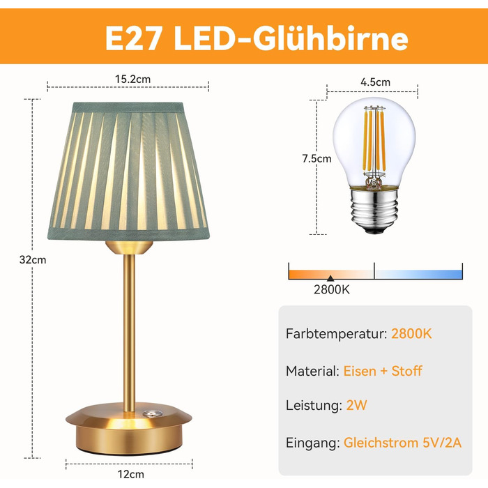 Настільна лампа OUSFOT бездротова, 3 режими яскравості, золота, вінтажний дизайн з абажуром для вітальні, кабінету, спальні, їдальні