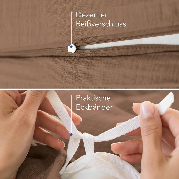 Комплект постільної білизни Dreamzie з мусліну, 135x200 см, 100% бавовна (муслін) – 2 наволочки 80x80 см, 2 наволочки 80x80 см, з блискавкою, сертифікат Oeko-Tex (Мокко, 200x200 см + 2 x 80x80 см)