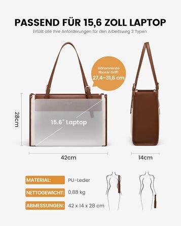 LOVEVOOK Сумка для ноутбука, жіноча велика водонепроникна сумка-шоппер, ділова сумка-акселуар, з PU шкіри, 15.6 дюймів (Коричневий+бежевий)