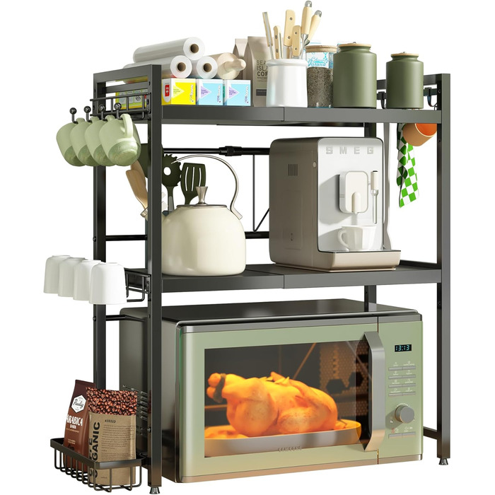 Регульована полиця для мікрохвильової печі NETEL 3-ярусна, чорна, висувна 40-60 см, з кошиками