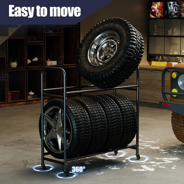 Стійка для шин BAOYOUNI на 4 шини/диски, 2 яруси, регульована, на колесах, для гаража, складу, майстерні, 57,2 x 37,3 x 114,6 см