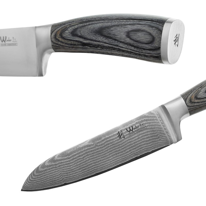 Набір кухонних ножів Wakoli Edis Damast: Сантоку великий та малий, ніж для овочів, універсальний ніж з 67 шарів дамаської сталі (серцевина VG10), ручка з паккавуда, в дерев'яній коробці