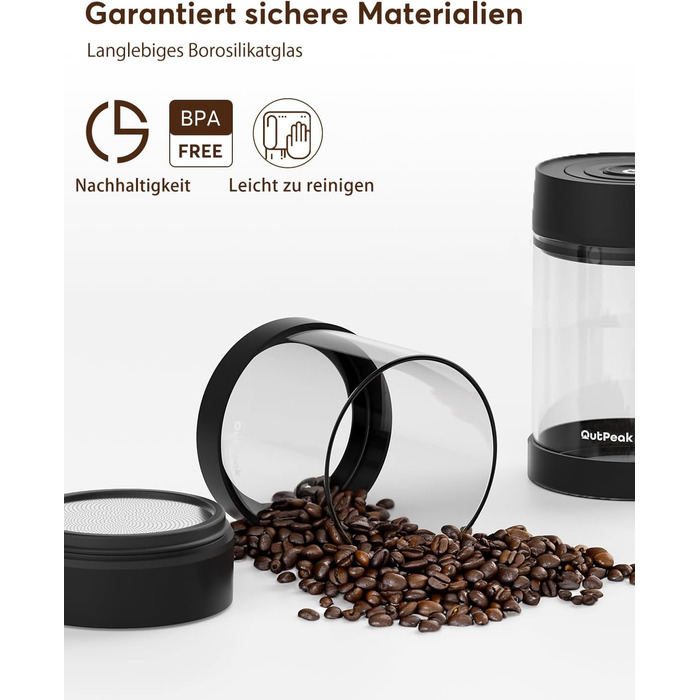 OUTPEAK Neo 2025 Kilo Auto-Vakuum-Kaffeedose: Герметичний контейнер для кави на 1,5 л (500 г) з автоматичним вакуумом, нержавіюча сталь, для бариста, подарунок (великий, матовий чорний) (G750)