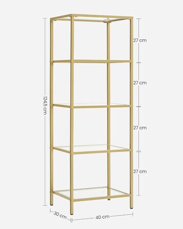 Регал VASAGLE з 5 полицями для ванної, вітальні, кухні, офісу. Скляна полиця, металевий каркас, проста збірка, 40B x 124,5H см.