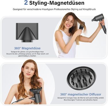 Професійний фен для волосся з дифузором, безщітковий мотор 110 000 об/хв, 400 млн плазмових іонів, низький рівень шуму 57дБ, чорний