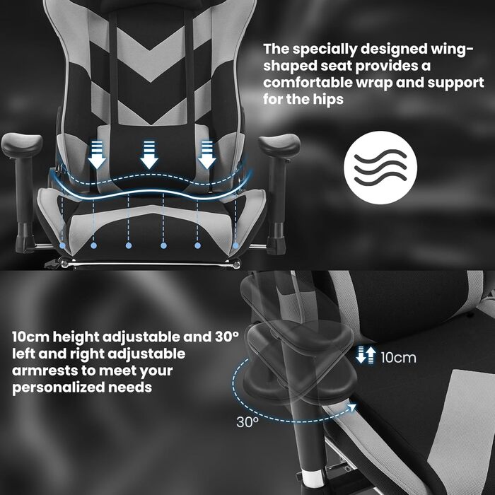 Крісло ігрове WOLTU з тканини, дихаюче, для літа, ергономічне, з підтримкою попереку, для геймерів, racing, PC, з функцією гойдання та підніжкою, для стрімінгу, чорно-сіре, тканинне