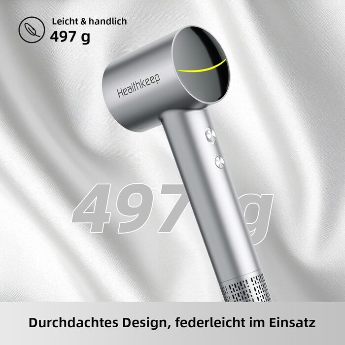 Фен для волосся Healthkeep з негативними іонами, 1600 Вт, високошвидкісний мотор 10 000 об/хв, 2 дифузори, низький рівень шуму (<78 дБ), швидке сушіння