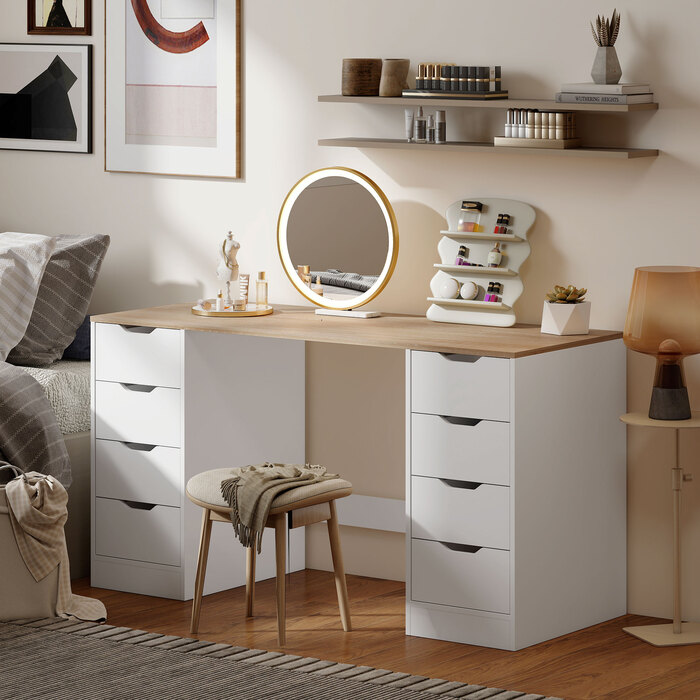HOMCOM Комп'ютерний стіл 140 см, 8 висувних ящиків, робочий стіл для домашнього офісу, спальні, сталь, дерево, білий