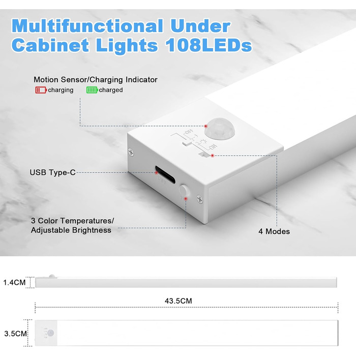 Світлодіодний світильник для кухні під шафою 43,5 см, 2 шт., 3 режими, регулювання яскравості, детектор руху, USB акумулятор