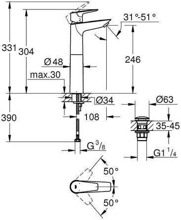 Змішувач для умивальника GROHE StartEdge, економічний, з холодною водою в середній позиції, 15 см, з поп-ап зливом, інструмент 3-в-1, проста установка (хром, XL, Push-Open)
