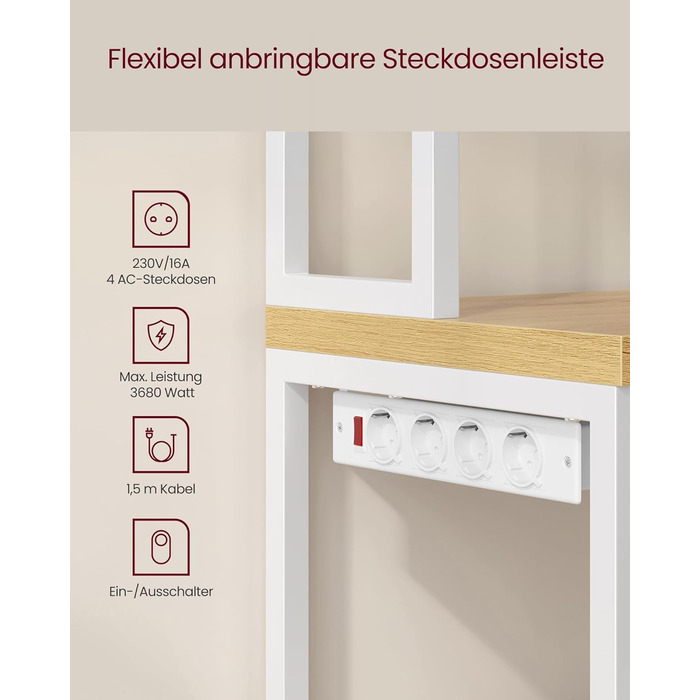 Стелаж кухонний VASAGLE з розетками, шафка, робоча поверхня 90 см, 8 гачків, 40 x 60 x 170 см, вінтажний колір, KKS058K02