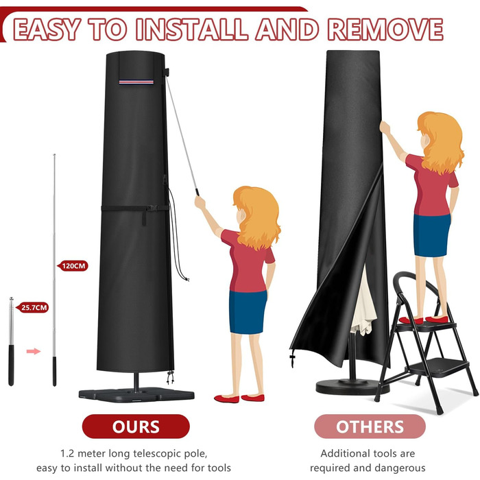 Захисний чохол для парасольки/газонного сонцезахисту LAMUNI, 250x30/50 см, водовідштовхувальний, зимовий, для сонцезахисту 3-5 м