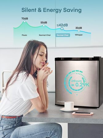 Міні-холодильник E 46L з морозильною камерою, низький рівень шуму 42 дБ, регулювання температури, колір нержавіюча сталь — для офісу, кухні та спальні