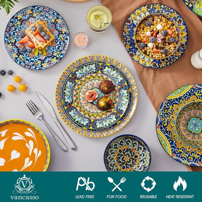 Сервіз столовий на 6 осіб SIMI 18tlg. Комбінований сервіз з порцеляни, 18 предметів. Богемський стиль, включає тарілки для їжі, десертні тарілки та миски.