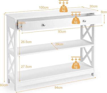 Консольний стіл з ящиком, 3 рівня, дерево, 100x30x80 см, білий, для передпокою, вітальні, спальні