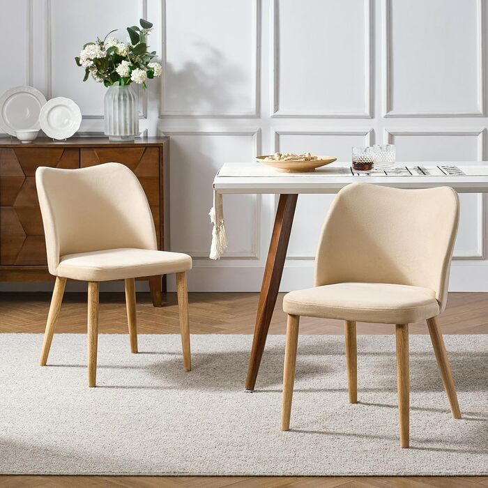 Набір з 2-х стільців для обідньої зони HULALA HOME, стільці до туалетного столика, зручні кухонні стільці з дерев'яними ніжками, висота сидіння 46 см, для вітальні, спальні та обідньої зони, бежевий (2 шт.)