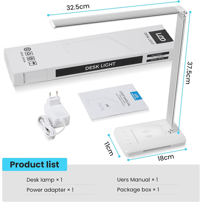 Світлодіодна настільна лампа з бездротовою зарядкою 10 Вт, функцією зарядки USB, настільна лампа для офісу з 10 рівнями яскравості x 5 кольорів, зручною для очей світлодіодним регулюванням яскравості, чутливим управлінням, автоматичним таймером на 30/60 х