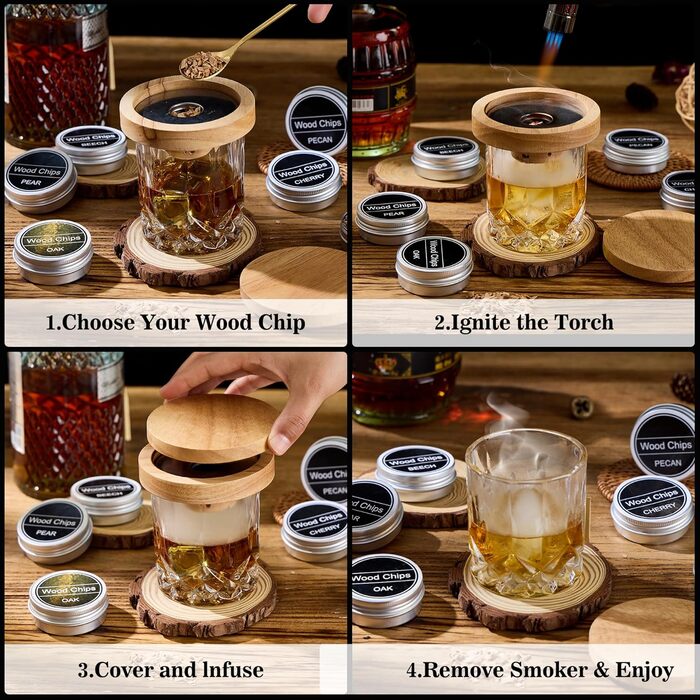 Набір для копчення віскі – Old Fashioned Cocktail, 6 дерев'яних чіпсів, 4 гранітні камені, запальник та аксесуари для поціновувачів віскі та коктейлів (без бутану), гранітні камені з нержавіючої сталі