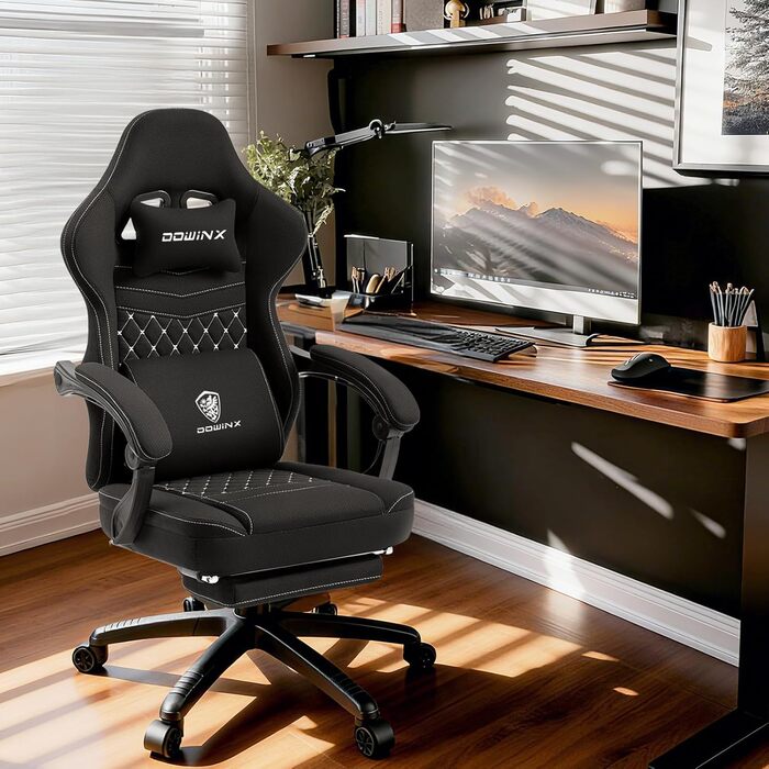 Ігровий крісло Dowinx з тканиною та пружинним блоком, з масажем, підголівником та підніжкою (Чорний)