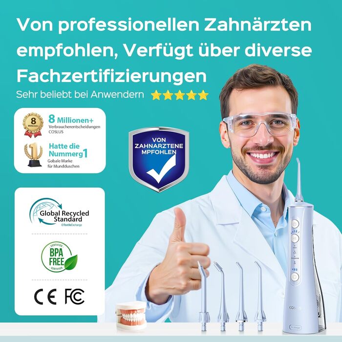COSLUS Душова насадка електрична бездротова, Testsieger 2026: 20 рівнів тиску води, IPX7 водонепроникність, точна технологія Anti-Splash, 4 режими для здоров'я ротової порожнини, для щоденного використання та подорожей, 5 інтенсивностей (блакитний)