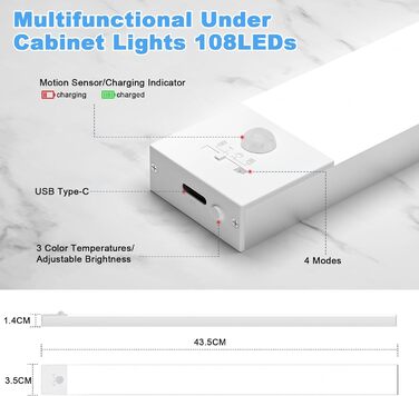 Світлодіодний світильник для кухні під шафою 43,5 см, 2 шт., 3 режими, регулювання яскравості, детектор руху, USB акумулятор