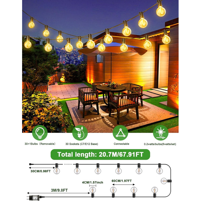 LED гірлянда для вулиці, 20.7м, з таймером, 30+1 лампочки G40, диммування, IP44, для декору саду, балкону, дому