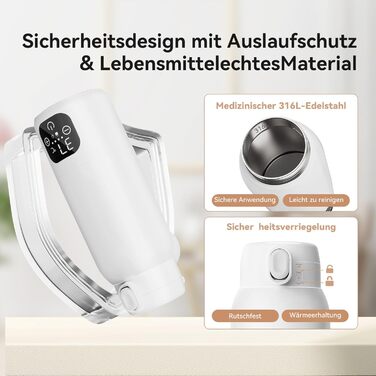Портативний підігрівач для пляшечок з дитячим харчуванням, 500 мл – швидкий нагрів за 3 хв, тривалий час роботи акумулятора, підтримання температури до 24 год для грудного молока, суміші та води (Сніжно-білий)