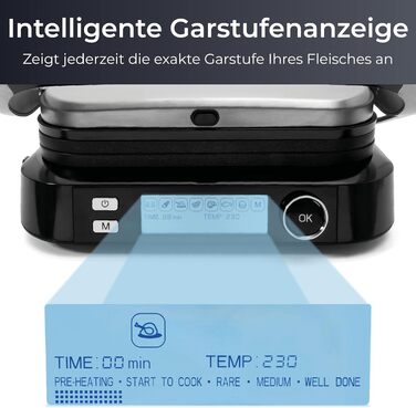 Контактний гриль KLAMER з 7 автоматичними програмами, знімні пластини з антипригарним покриттям, 2100W, чорний & нержавіюча сталь