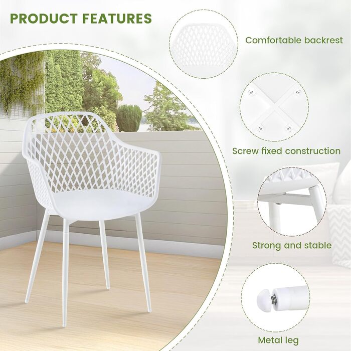 Набір садових стільців для відпочинку на терасі та балконі. Міцні крісла з підлокітниками, витримують до 120 кг, колір білий