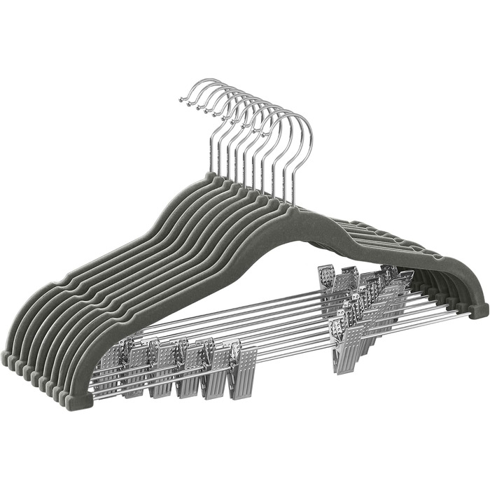 Набір вешалок SONGMICS з оксамиту, 20 шт., для штанів, пальто, суконь, 42,5 см, з регульованими кліпсами, антиковзаючі, економія місця, сірі
