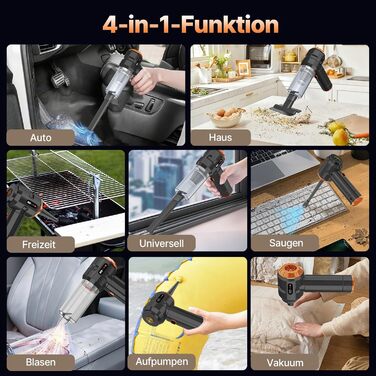 Акумуляторний ручний пилосос Piwaal 4-в-1, 22000Па, безщітковий двигун з функцією обдуву (220000 об/хв), для авто, дому, офісу та комп'ютера, чорний