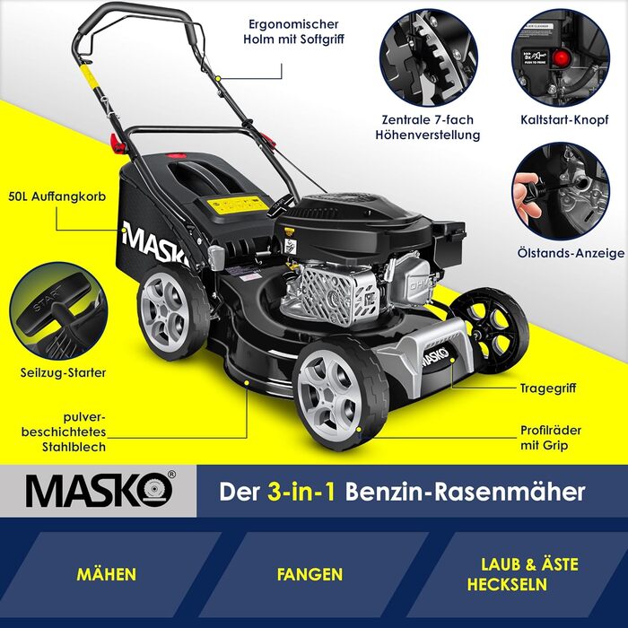 Бензиновий газонокосарка MASKO® 5in1 | Ширина косіння 51 см | 8 положень висоти | 4-тактний OHV двигун 6.0 PS | Об'єм кошика 65 л | В комплекті набір для мульчування та бічний викид (ширина 42 см, чорний/сірий)