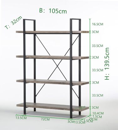 Книжкова шафа Mudmasa, 4 рівні, 32x90x101.5 см, Сірий, для вітальні, кабінету, дитячої кімнати, спальні