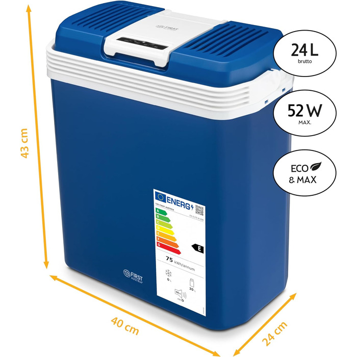 Електричний охолоджувач TZS First Austria 24 літри Підключення 12 вольт і 230 вольт з вилкою 12 В для автомобіля для кемпінгу, фестивалів і подорожей з функцією охолодження та збереження тепла сірий (24 л Синій)