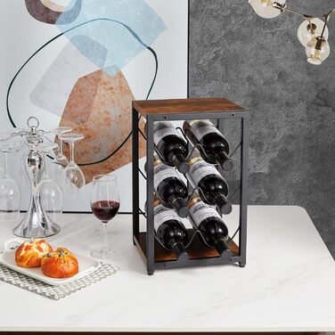 Стелаж для вина IBUYKE промисловий, 3 яруси, металевий каркас, для кухні, бару, вітальні, 6 пляшок, коричневий (TMJ904H)